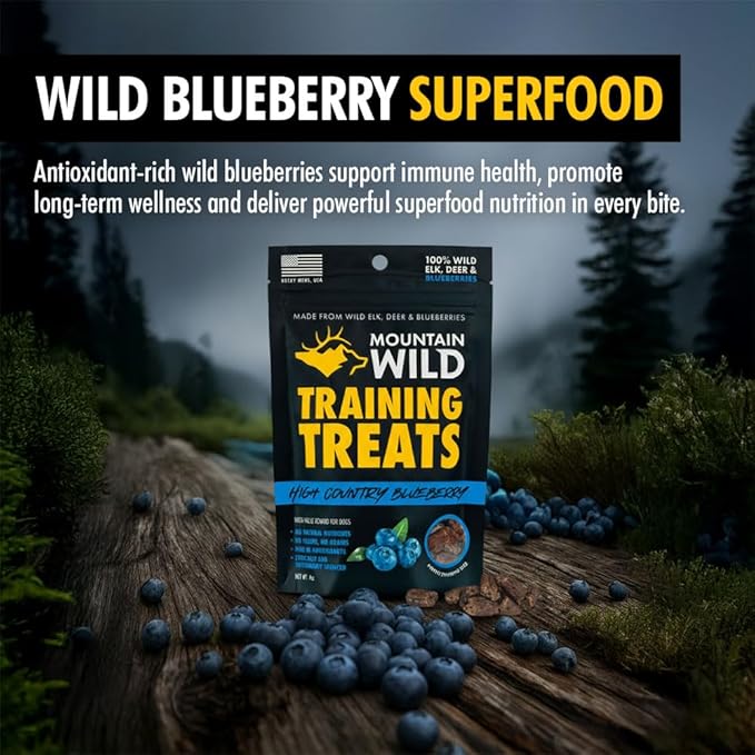 High Country Wild Blueberry Elk & Venison Dog Training Treats - Natural Grain-Free Puppy & Dog Snacks - Protein Treat for Training, Reward (4 Ounce (Pack of 3), Blueberry)
