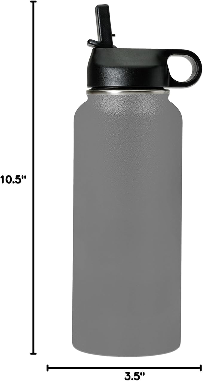 LaserGram Personalized Water Bottle, Dragon, Stainless Steel Double Wall Vacuum Insulated with Flip Top Straw, Custom Engraved Gift (32oz / 950ml Gray)