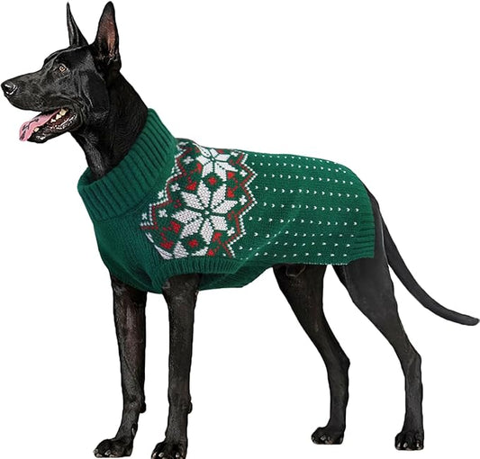FUAMEY Dog Christamas Sweater, Warm Dog Sweater Classic Snowflake New Year Turtleneck Sweaters Knitwear Cold Weather Dogs Pullover for Small Medium Dogs Puppies & Cats Bulldogs Corgi with Leash Hole