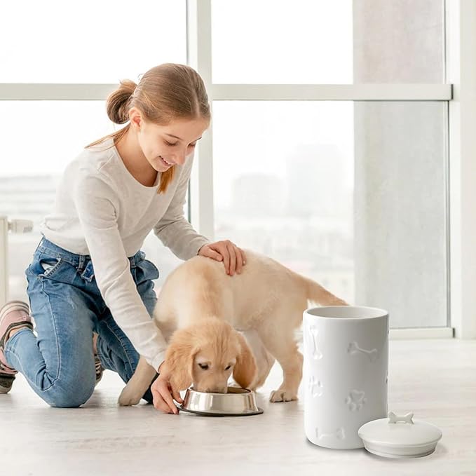 Dog Treat Container Airtight - 9"x5" Large Ceramic Dog Treat Jar for Kitchen Counter, White Dog Cookie Jar with Lid - Farmhouse Style Dog Food Storage Container for Dogs, Cats, Pets