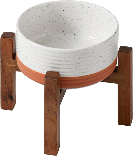 Ceramic 6.1inch Raised Dog and Cat Bowl Set, 2 Heights Elevated Wooden Stand for Small Breed Dogs, Weighted Pet Food and Water Dishes(6.1'',28.7oz, Vanilla White)