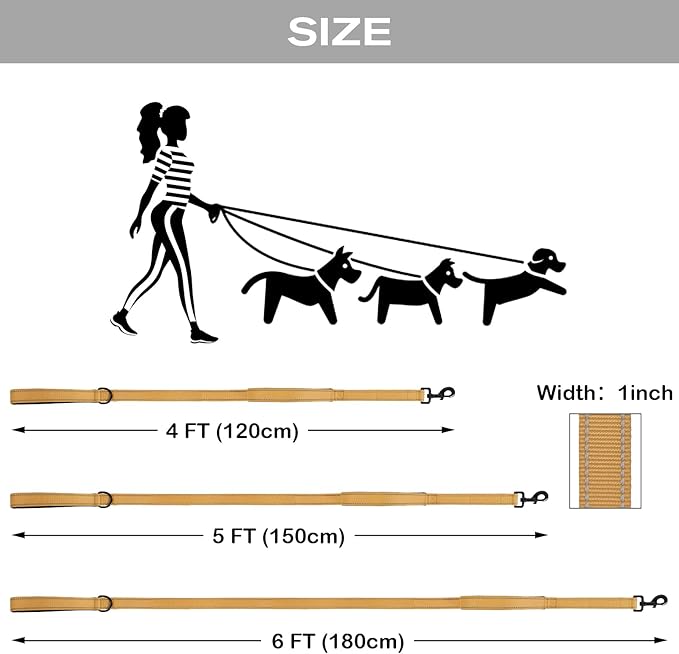 Joytale Dog Leash Heavy Duty for Large Dogs That Pull, Double Handle for Traffic Control, Double-Sided Reflective Leashes for Large Medium Dogs Night Safety, 5FT, Khaki