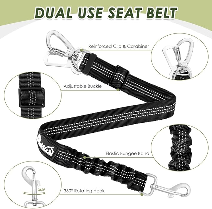 SlowTon Dog Seat Belt Harness for Car, Dog Car Harness Adjustable Mesh Breathable & Dog Seatbelt Safety Tether with Elastic Bungee for Small Medium Large Pets(Black, Double Clip, XXXS)