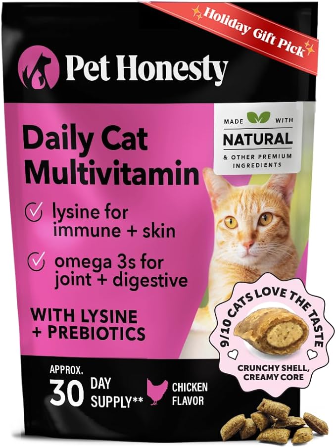Cat Multivitamin Crunchy & Creamy Chews - Cat Treats for Health + Immune, Joint Support, Skin & Coat, & Digestion - Vitamins with Omega 3s, Lysine & Probiotics (30 Day Supply)
