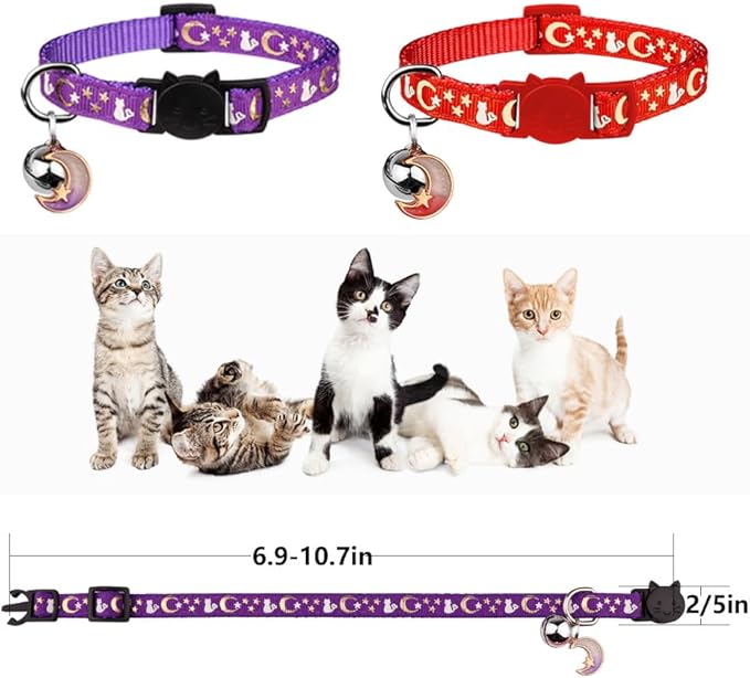 2PCS Breakaway Cat Collars with Bell Cute Kitty Glow in The Dark Adjustable Kitten Collars(Red&Purple)
