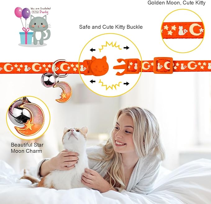 2PCS Breakaway Cat Collars with Bell Cute Kitty Glow in The Dark Adjustable Kitten Collars(Orange&Black)