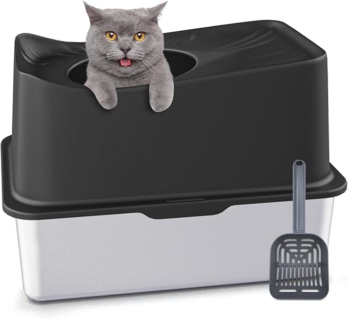 Top Entry Cat Litter Box with Lid, Stainless Steel Extra Large Enclosed Cats Kitty Litter Pan Easy Cleaning, XL Metal High Side litter Boxes Tray, Cat Box Enclosure, Never Absorb Odor or Rust