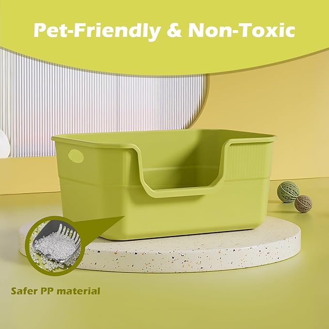 Large Cat Litter Box with High Sides,Low Entry Cat Litter Pan Tray Kitty Litter Box for Indoor Big & Senior Cats,Anti-Splashing Waterproof Cat Toilet,Tool-Free Assembly,Easy to Clean (Green)