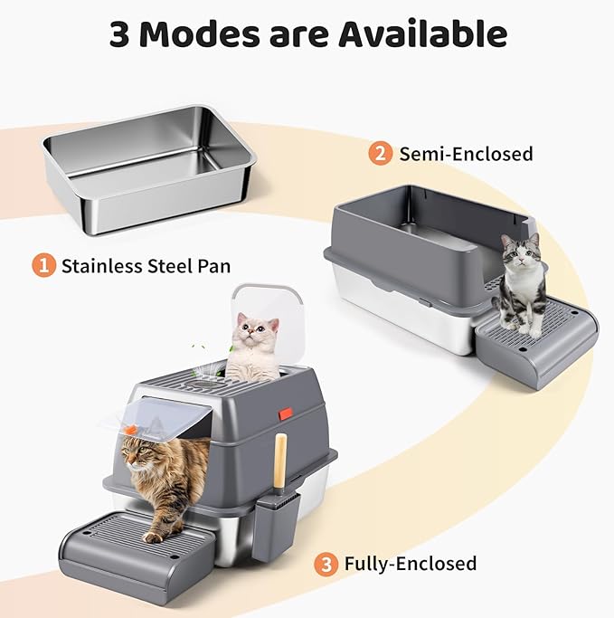 Stainless Steel Litter Box with Lid, XXL 23.6"L x 15.7"W x 15.7"H Large Metal Cat Litter Box Enclosed High Sided Removable Litter Tray with Top Entry, Scoop, Step, Easy Cleaning (Dark Grey)