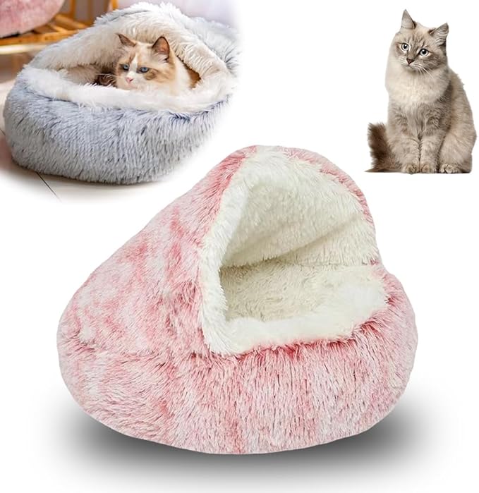 2026 New Plush Cat Nest Bed Cave, Cat Beds for Indoor Cats, Cozy Fluffy Pet Bed, Portable Round Plush Hooded Cats Cave, Washable Soft Puppy Bed for Pet Owners (Pink, Small)