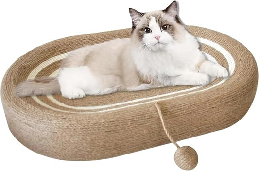Cat Scratching Post and Cat Mat - 24 Inch Durable Sisal Rope with Interactive Ball, 3-in-1 Cat Scratcher Cardboard Bed for Indoor Cats to Play, Round-Oval Rest and Scratch (Medium Large Size, Oval)
