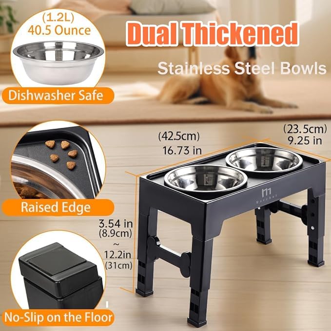 Marchul Elevated Dog Bowls, 4 Height Adjustable Raised Dog Bowls with 2 Stainless Steel Bowls,Non-Slip Dog Food and Water Bowl with Stand Adjusts to 3.5”,9.05”,10.6”,12.2” for Small Medium Large Dogs