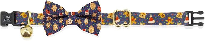 Ultra Joys Cat Collar with Bells - Breakaway for Kittens & Cats - Break Away Collar with Bandana and Bowtie Gingerbread Man Large