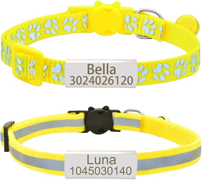 Personalized 2 Pack Reflective Cat Collar,Custom Breakaway Cat Collars with Name Tag and Bell,Anti-Lost Nameplate Cat Collar for Girls & Boys (Yellow,fit 8''-11.0'')