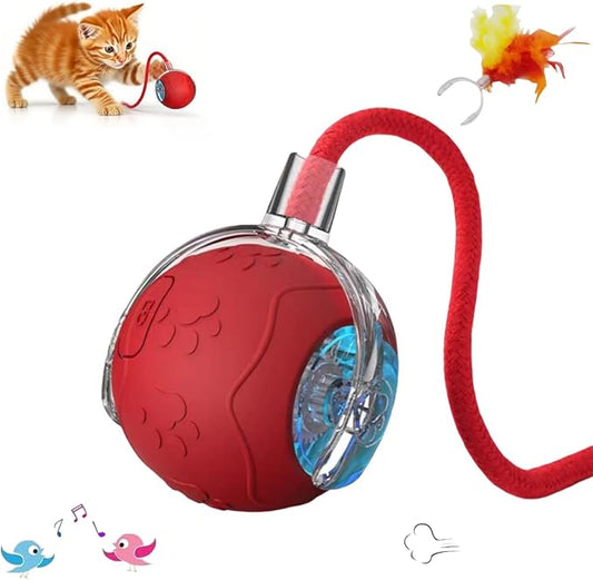 2025 New Interactive Cat Toy Ball for Indoor Cats Dog, Smart 360° Automatic Rolling Pet Ball Kitten Toys with Replace Feather , 3.0 Tail Electric Cat's Toys with LED Light Three Modes Adjustment