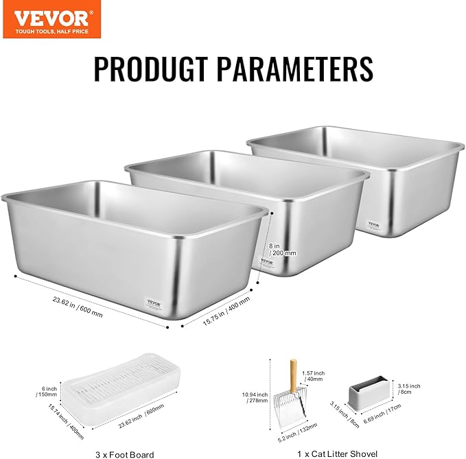 VEVOR 8'' Deep Stainless Steel Cat Litter Box,3 Pack XL Extra Large Metal Cat Litter Box for Big Cats,Non Sticky,Odor-Free &Easy-to-Clean,Include Filtering Foot Board & Scoop