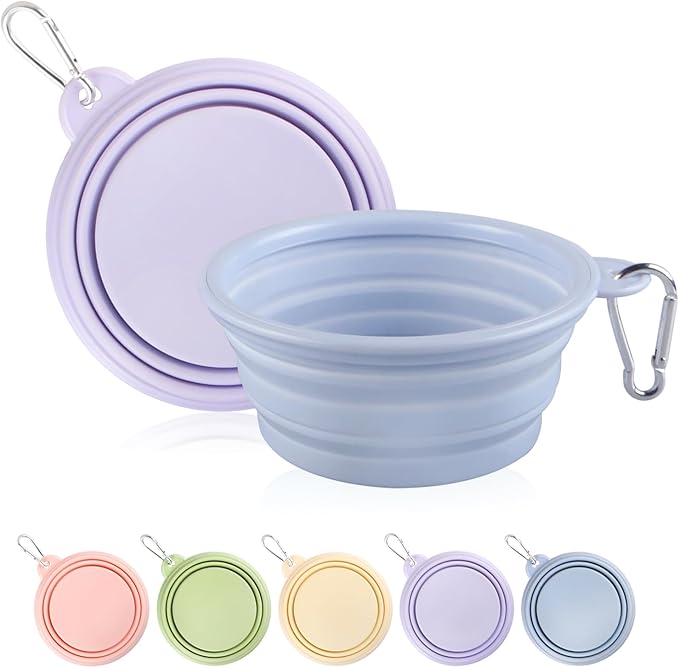 Collapsible Dog Bowls 2-Pack, Portable Travel Dog Bowl with Carabiner, Food-Grade Silicone Pet Bowl for Hiking, Walking (Macaron Blue and Violet)