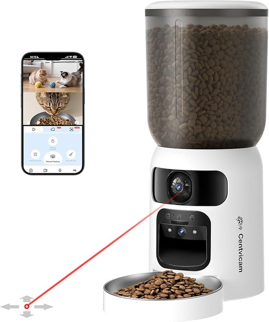 Automatic Cat Feeder with Dual 2K HD Camera, Smart Pet Food Dispenser for Timed Meals, APP Control Laser Interactive Toy Treat Feeders with 2.4G / 5G WiFi, White