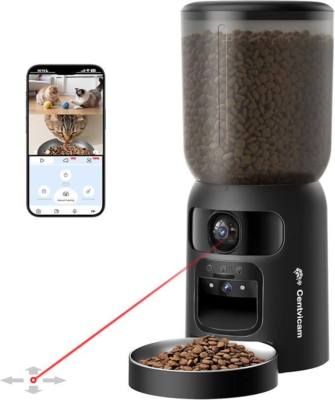 Automatic Cat Feeder with Dual 2K HD Camera, Smart Pet Food Dispenser for Timed Meals, APP Control Laser Interactive Toy Treat Feeders with 2.4G / 5G WiFi, Black