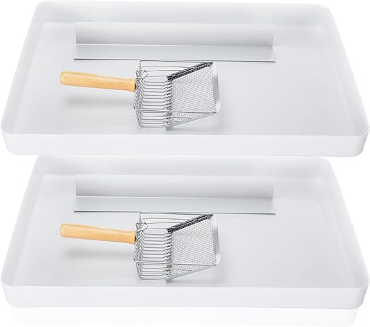Maxdot 2 Pcs Low Entry Litter Box Reusable Senior Cat Litter Box Easy Cleaning Cat Trayes with 2 Metal Cats Shovel for Pet No Stains, Scratches or Odors with Improved Clamp-on Flip Cover, PE