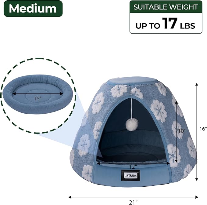 BALANCE Cat Beds for Indoor Cats, 2-in-1 Cat Bed Cave with Anti-Slip Bottom and Ultra-Soft Plush, Cozy Cats House Tent for Kittens and Small Dogs, 21 Inches, Blue