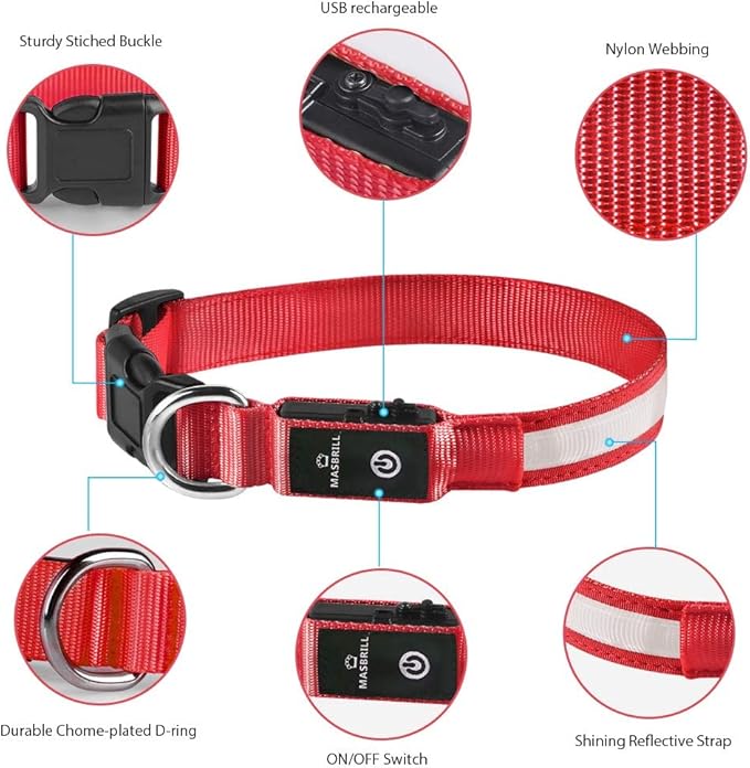 MASBRILL Light Up Dog Collars-LED Dog Collar Rechargeable Waterproof Lighted Dog Collar Night Walking Glow Collar for Small Medium Large Dogs