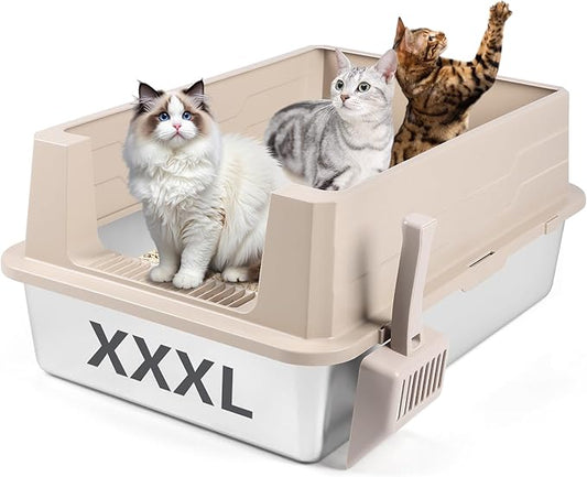 Stainless Steel Litter Box, XXXL 27.6" H x 19.7" W x 11.8" H Extra Large Metal High Sided Cat Litter Box with Scoop, Leak-Proof, Easy Clean for Big Cats/Multiple Cats (Khaki)