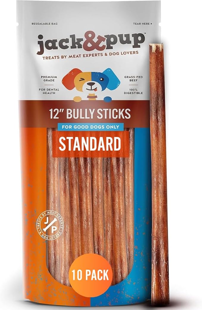 Jack&Pup 12 Inch Standard Bully Sticks for Medium and Large Dogs (10 Pack) Single Ingredient Dog Chew Bully Stick