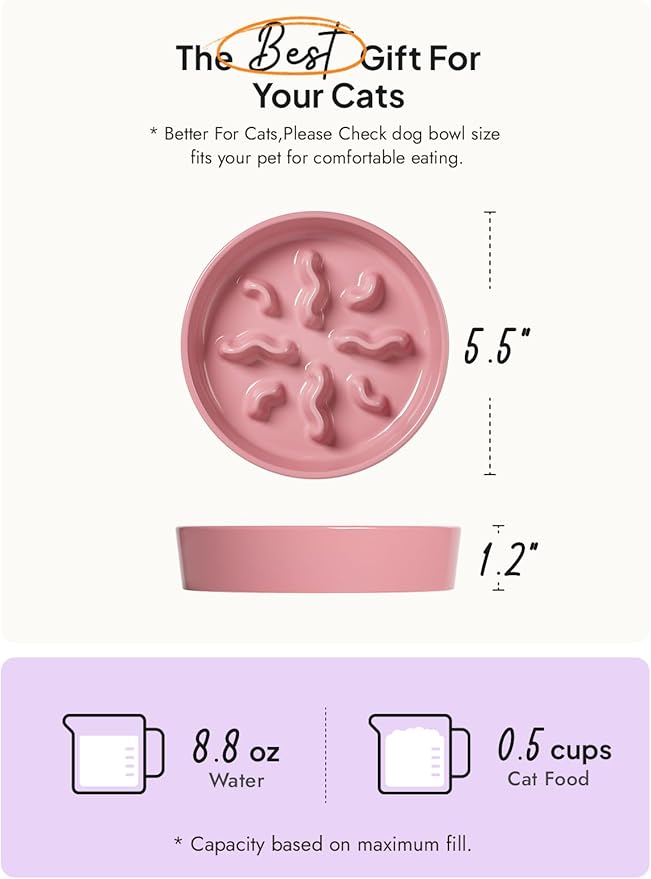 Ceramic Slow Feeder Dog Bowls Small Breed, 0.5 Cups Dog Food Dish for Fast Eaters, Puzzle Bowl for Small Dogs and Cats, 5.5 Inch-Pink