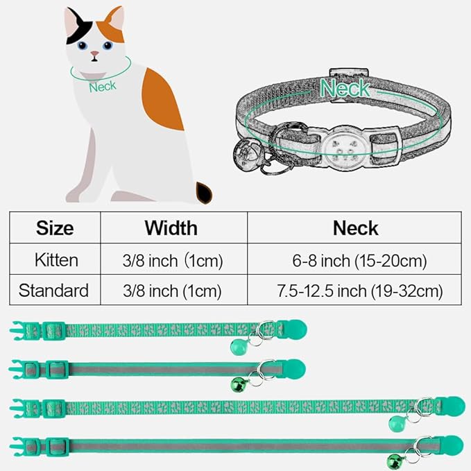 Taglory Kitten Collar Breakaway with Bell, 2 Pack Girl Boy Pet Kitten Collar Adjustable 6-8 Inch for 2-6 Months Cat, Turquoise