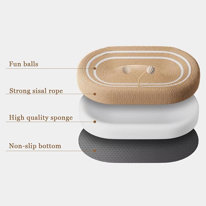 Cat Scratching Post and Cat Mat - 24 Inch Durable Sisal Rope with Interactive Ball, 3-in-1 Cat Scratcher Cardboard Bed for Indoor Cats to Play, Round-Oval Rest and Scratch (Medium Large Size, Oval)