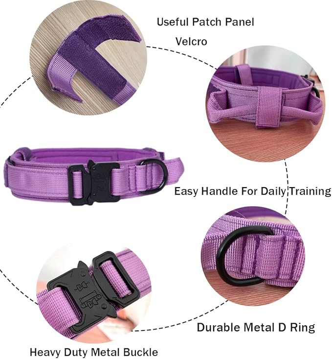 Tactical Dog Collar and Leash Set Tactical Dog Collar with Handle Bungee Leash Adjustable Military Training Nylon Collar Dog Training Collar Leash Set with Control Handleand Metal Buckle（Purple M