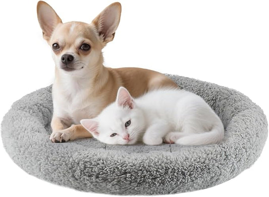 PETLESO Large Cat Bed Mat 19.5" Round Pad with Pillow Around, Soft Warm Plush Cushion for Small to Medium Dogs Cats Sleep/Nap, Neck Protection Mattress, Non-Slip Washable, Large