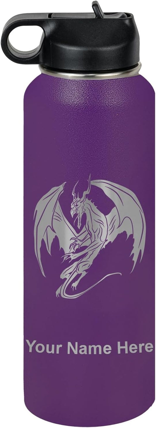 LaserGram Personalized Water Bottle, Dragon, Stainless Steel Double Wall Vacuum Insulated with Flip Top Straw, Custom Engraved Gift (40oz / 1180ml Dark Purple)