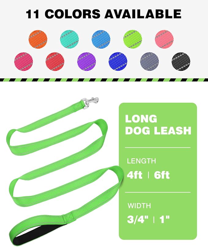 6FT Reflective Nylon Dog Leash with Soft Padded Handle for Walking, Running and Training, Supports Small Medium and Large Dogs (Green, 1 Inch Wide)