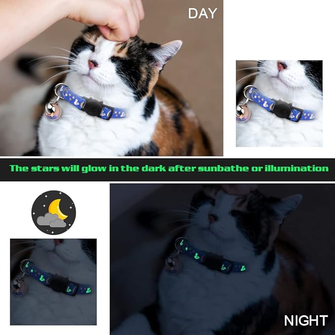 2PCS Breakaway Cat Collars with Bell Moons Stars Cute Kitty Adjustable Safe Kitten Collars with Pendant Glow in The Dark(Black&Blue)