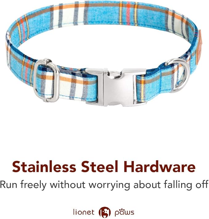 Lionet Paws Boy Dog Collar with Bowtie, Comfortable Adjustable Cute Blue Plaid Bow Tie Collar for Male Dogs Gift, Small, Neck 10-16 inches