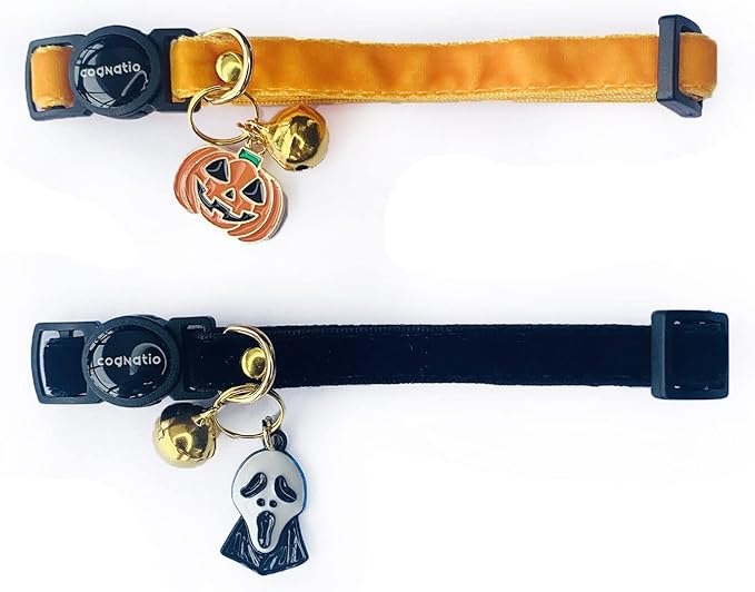 Safety Quick Release Cat Collars,Double Velvet with Bell Available in a Range Colors,Perfect for Your Kitty, Adjustable 20-30 cm (20-30cm, Halloween Set)