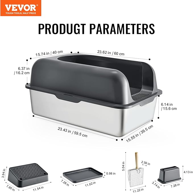 VEVOR Stainless Steel Cat Litter Box with Lid, XL Extra Large Enclosed Cat Box for Big Cats, High Sides Metal Litter Box, Anti Leakage,Odor-Free & Easy Cleaning,Include Scoop & Foot Board