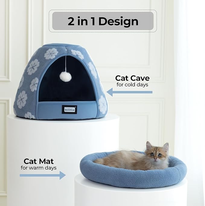 BALANCE Cat Beds for Indoor Cats, 2-in-1 Cat Bed Cave with Anti-Slip Bottom and Ultra-Soft Plush, Cozy Cats House Tent for Kittens and Small Dogs, 21 Inches, Blue
