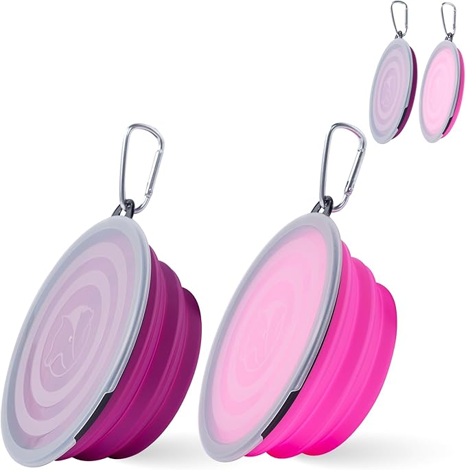 SLSON Dog Bowls Pet Collapsible Bowl with Cover Lids,2 Pack Dog Travel Bowls Portable Foldable Cat Water Dish Bowl for Pets Walking Parking Camping (Pink and Purple, Medium)