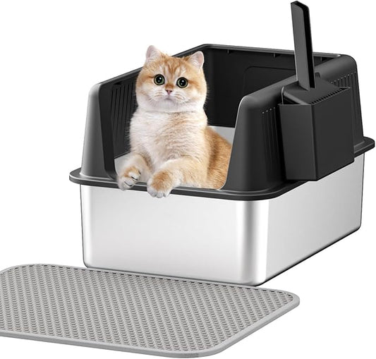 Stainless Steel Cat Litter Box with Lid,XL,19.7”L x 13.8”W x 11.8”H Deep,Metal Litter Box with High Side,for Small and Large Cats,with a Scoop and Scoop Storage Box Litter Mat Double,Easy Cleaning