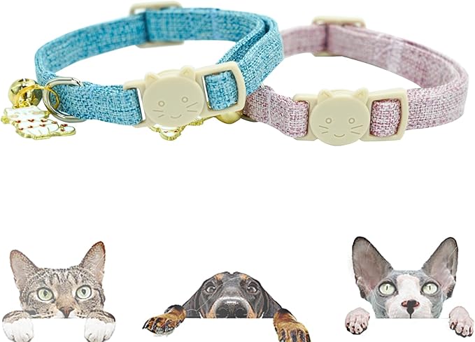 Elegant little tail 2 Pack Cat Collar- Pink&Blue Linnet Cat Collars Breakaway with Bell Pendant Wedding Kitten Boy Girl Safety Adjustable 7-12 Inch Collar for Small Cats Puppy