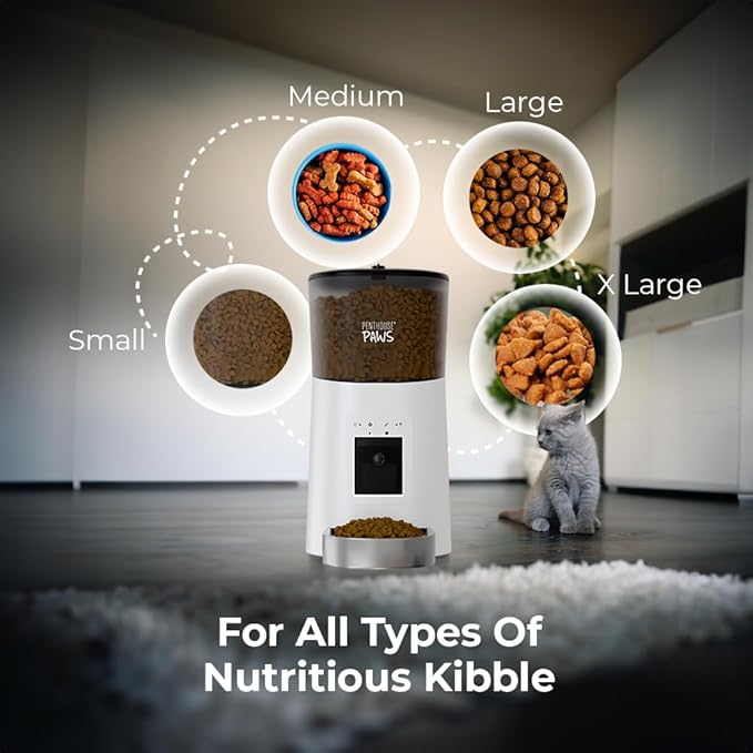 Smart HD Automatic Cat Feeder with 1080P Camera & Night Vision, 2-Way Audio, WiFi App Control, Anti-Jam 6L Cat Feeder with Backup Power, Easy to Clean, Up to 15 Meals for Cat & Dog, White Stainless
