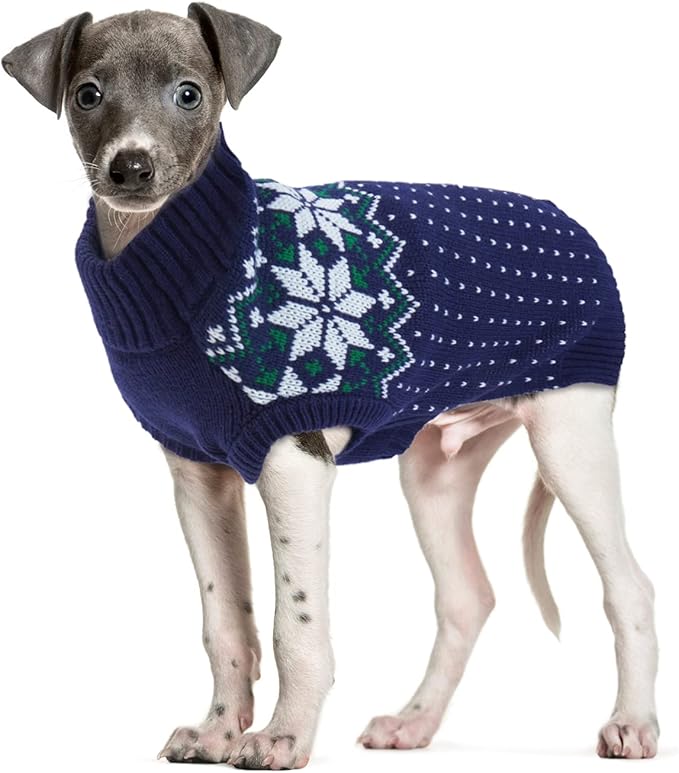 FUAMEY Dog Christamas Sweater, Warm Dog Sweater Classic Snowflake New Year Turtleneck Sweaters Knitwear Cold Weather Dogs Pullover for Small Medium Dogs Puppies & Cats Bulldogs Corgi with Leash Hole