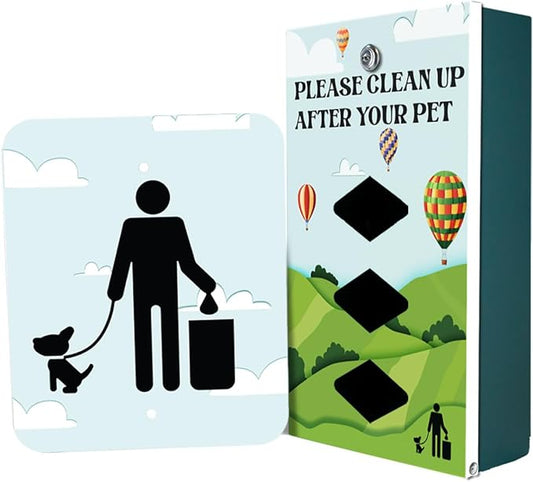 DISPENSE-ART™ collection "Hot Air Balloon" - Custom UV printed design on rust-proof aluminum starter dog waste station/roll bag system - Includes 400 dog waste bags & 10x12 Sign