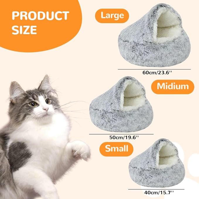 2026 New Plush Cat Nest Bed Cave, Cat Beds for Indoor Cats, Cozy Fluffy Pet Bed, Portable Round Plush Hooded Cats Cave, Washable Soft Puppy Bed for Pet Owners (Grey, Small)