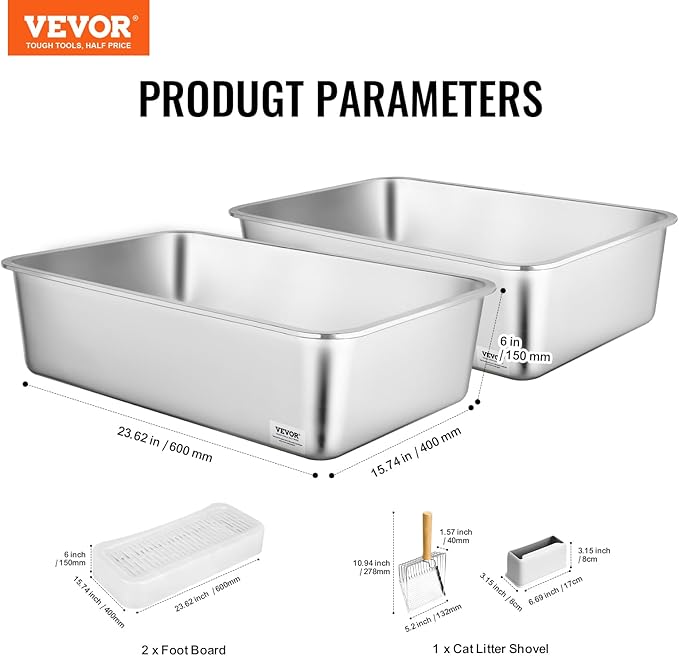 VEVOR 6'' Deep Stainless Steel Cat Litter Box,2 Pack XL Extra Large Metal Cat Litter Box for Big Cats,Non Sticky,Odor-Free &Easy-to-Clean,Include Filtering Foot Board & Scoop