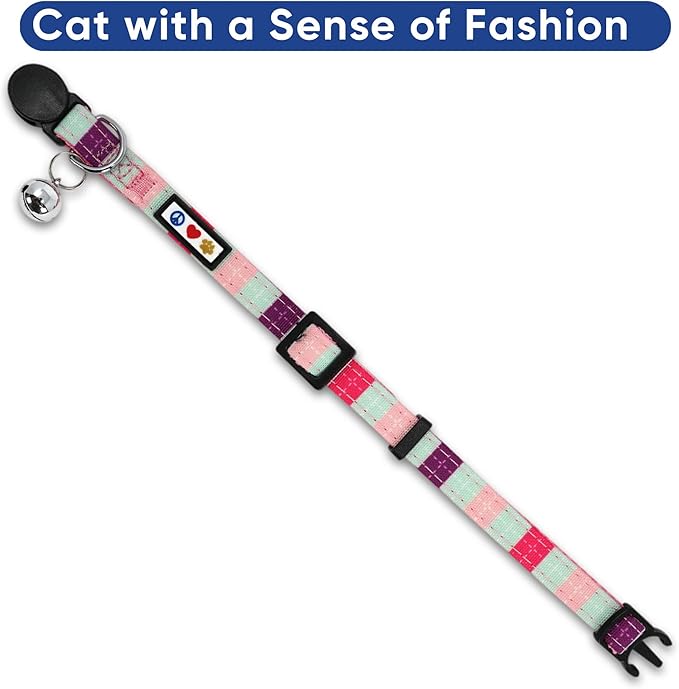 Pawtitas Pet Soft Adjustable Multicolor Cat Collar with Safety Buckle and Removable Bell Teal / Pink / Purple