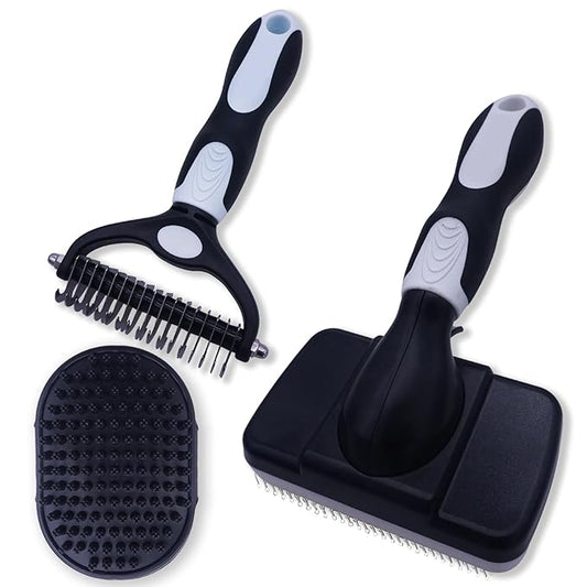 Dog brush Dog Grooming Kit 3PS： self-cleaning slicker brush dog Deshedding Tool&TPR Dog Bath Brush for dogs cats horse Home Travel (white)